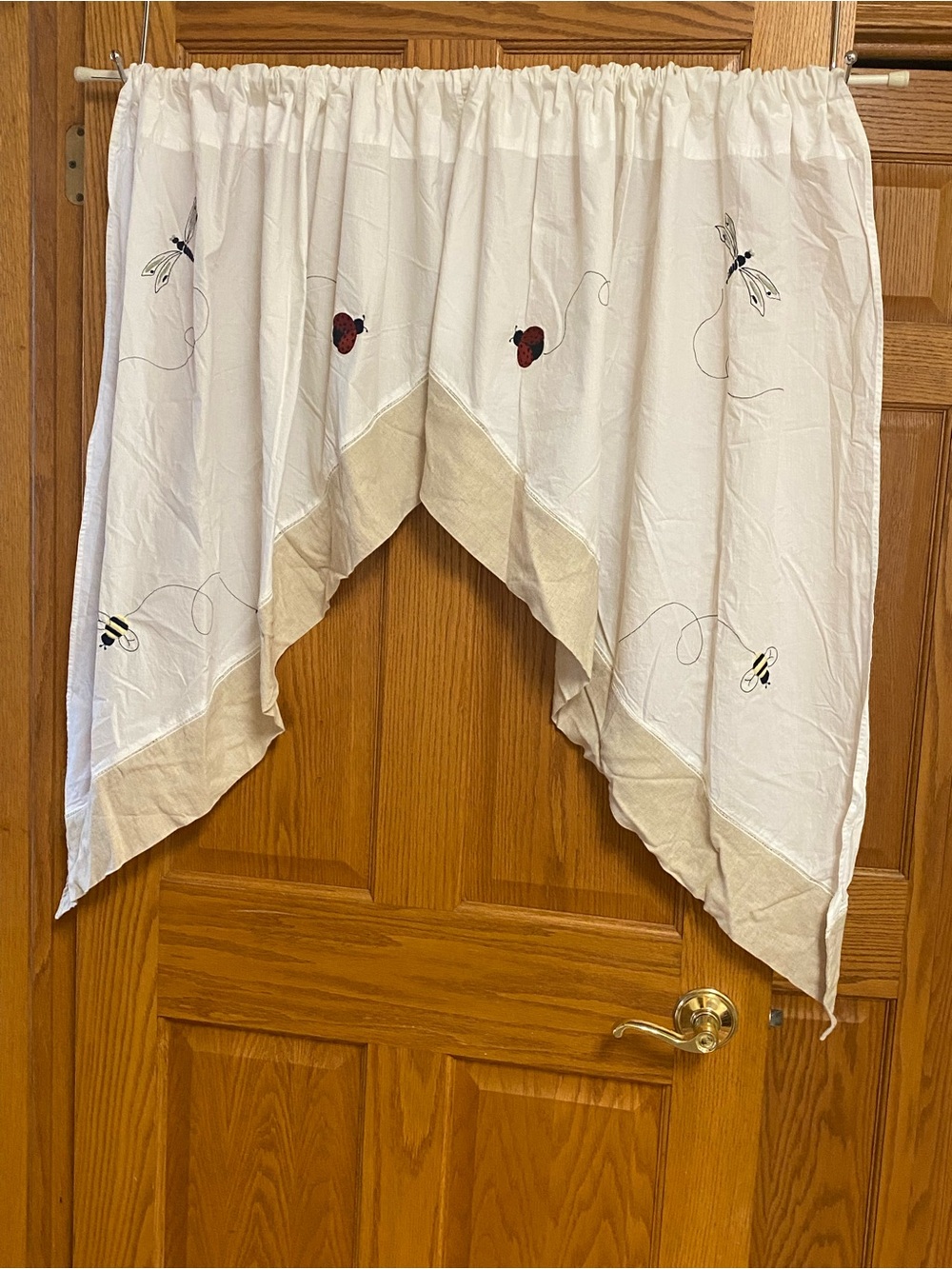 Embroidered Tier Curtains Set White Tan Bumblebee Dragonfly Ladybug Farmhouse